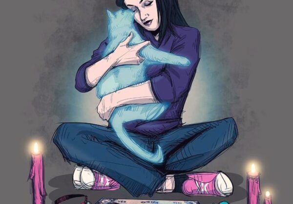 A drawing of a person who is hugging the ghost of her beloved cat