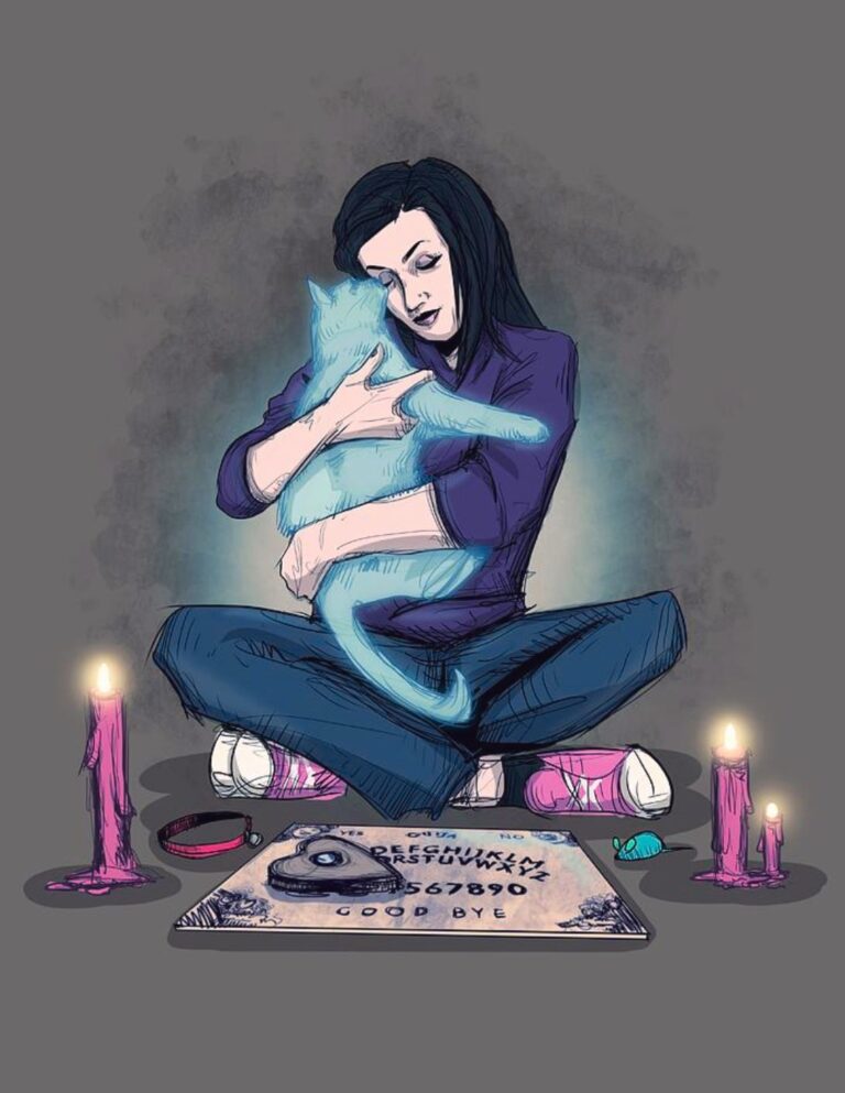 A drawing of a person who is hugging the ghost of her beloved cat